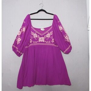Savannah Jane Dress 2X Purple Floral Embroidered Peasant Boho Smocked Mini Beach